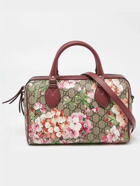 Gucci Floral GG Supreme Satchel with Burgundy Leather Trim